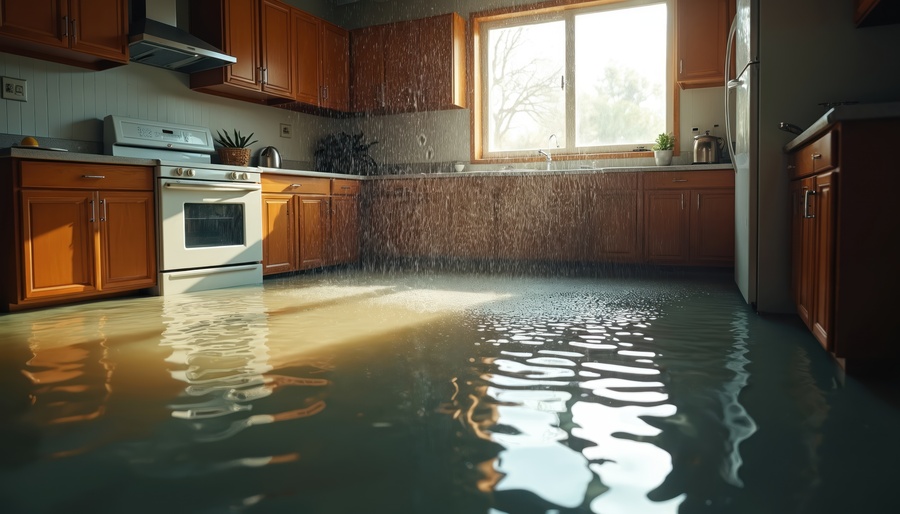 flood damaged house with water logged kitchen area