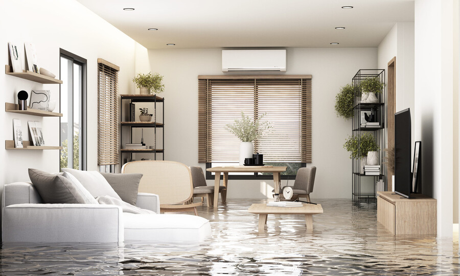 A flooded modern living room with water covering the floor and furniture showing the impact of a natural disaster on home interiors